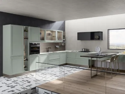 Cucina Moderna angolare Selma in Frassino laccato Verde Fiordo di Creo