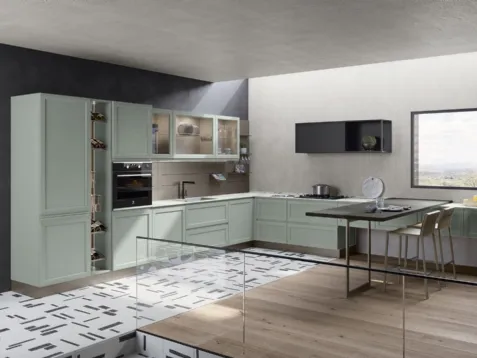 Cucina Moderna angolare Selma in Frassino laccato Verde Fiordo di Creo