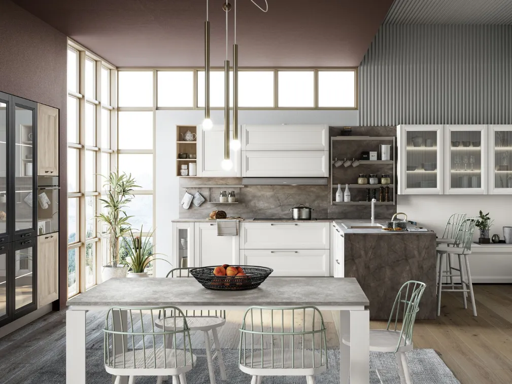 Cucina Moderna Smart con penisola finitura Gesso Supermatt di Creo