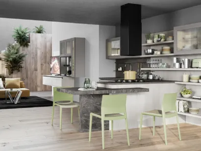 Cucina Moderna Smart 08 finitura Frassino Bianco Alpino con penisola in laminato Marmo nuvolato di Creo