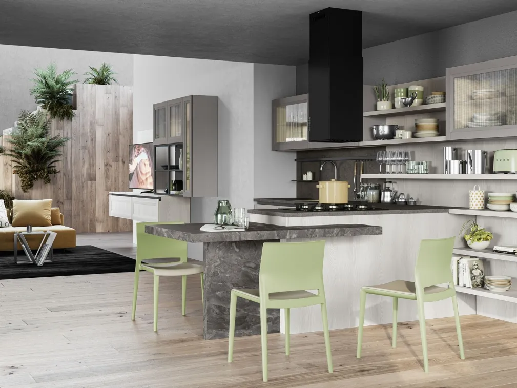 Cucina Moderna Smart 08 finitura Frassino Bianco Alpino con penisola in laminato Marmo nuvolato di Creo