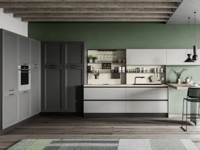 Cucina Moderna con penisola Smart 04 finitura Carbone Supermatt e laccato opaco Polvere di Creo