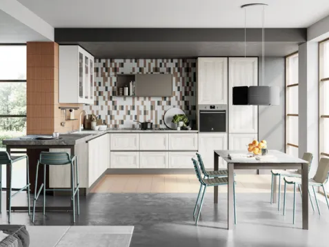 Cucina Moderna angolare con penisola Smart 09 finitura Frassino Bianco Alpino e Pet Gesso Supermatt di Creo