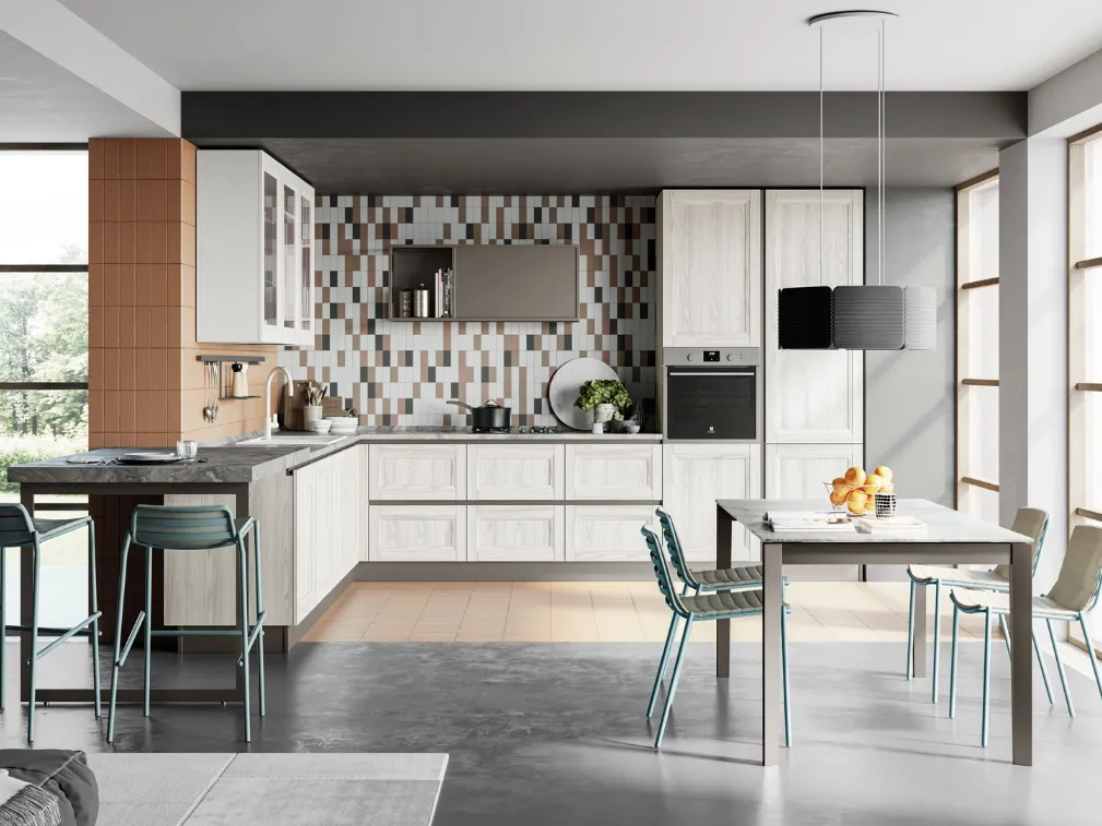 Cucina Moderna angolare con penisola Smart 09 finitura Frassino Bianco Alpino e Pet Gesso Supermatt di Creo