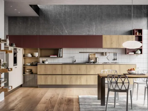 Cucina Moderna lineare Tablet finitura Rovere Ortisei e Rosso Cardinale di Creo