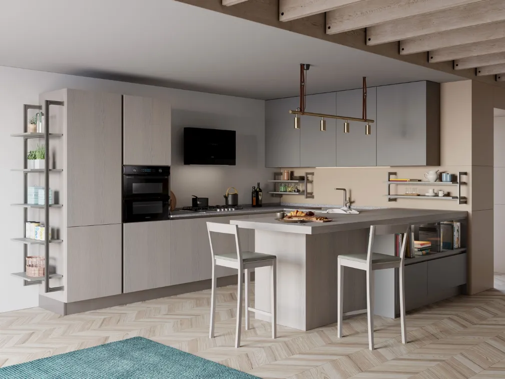 Cucina Moderna con penisola Tablet Wood 07 in Rovere Grey e laccato opaco Ardesia di Creo