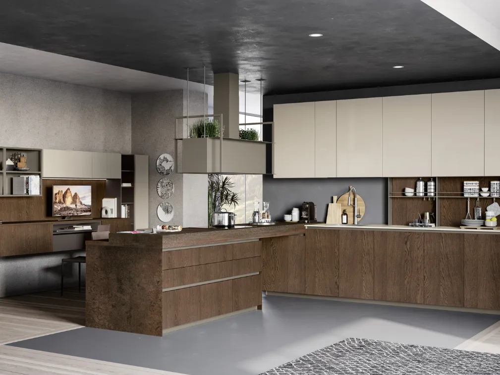 Cucina Moderna con penisola Tablet Wood in Rovere Moscato e laccato lucido di Creo