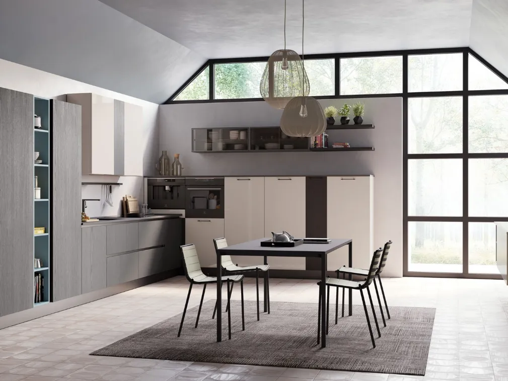 Cucina Moderna Tablet Wood angolare in Rovere Nero e laccato lucido Polvere di Creo