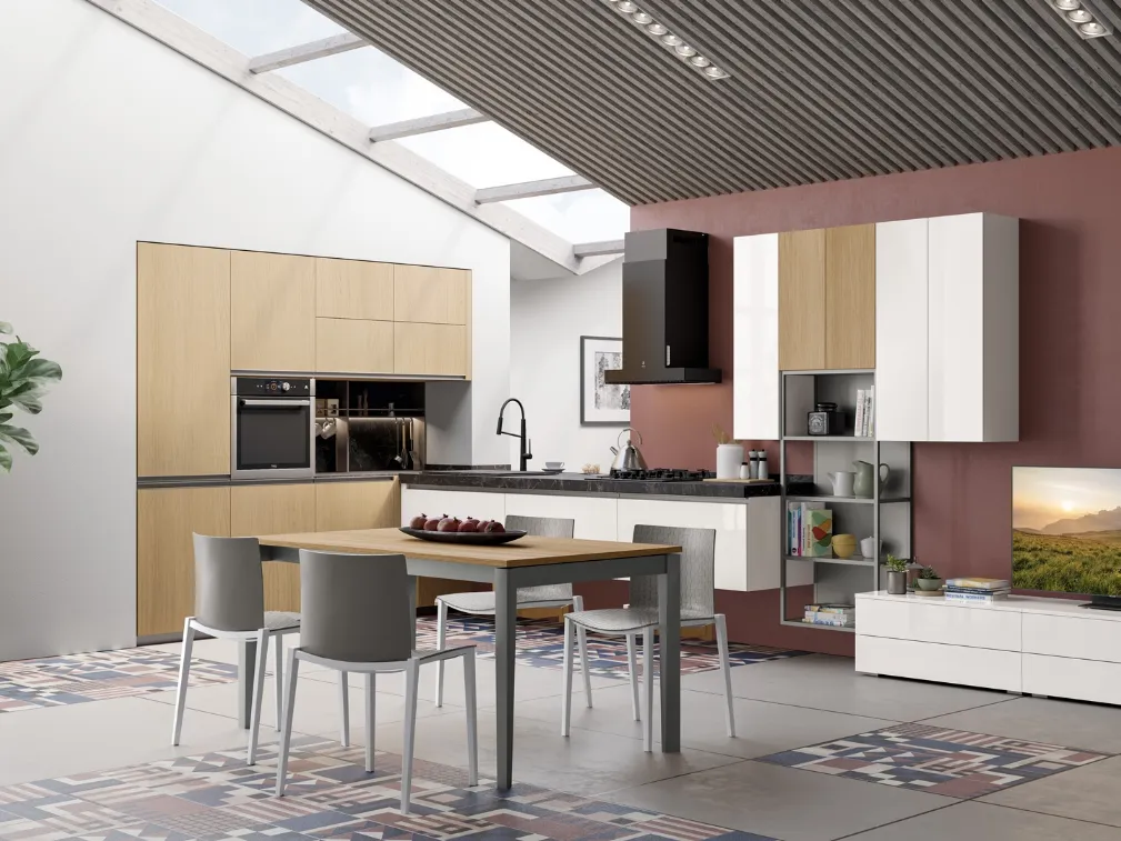Cucina Moderna Tablet Wood angolare in Rovere Naturale e laccato Bianco lucido di Creo