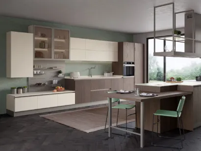 Cucina Moderna con isola Tablet Wood in Rovere fumé e melaminico Porcellana di Creo