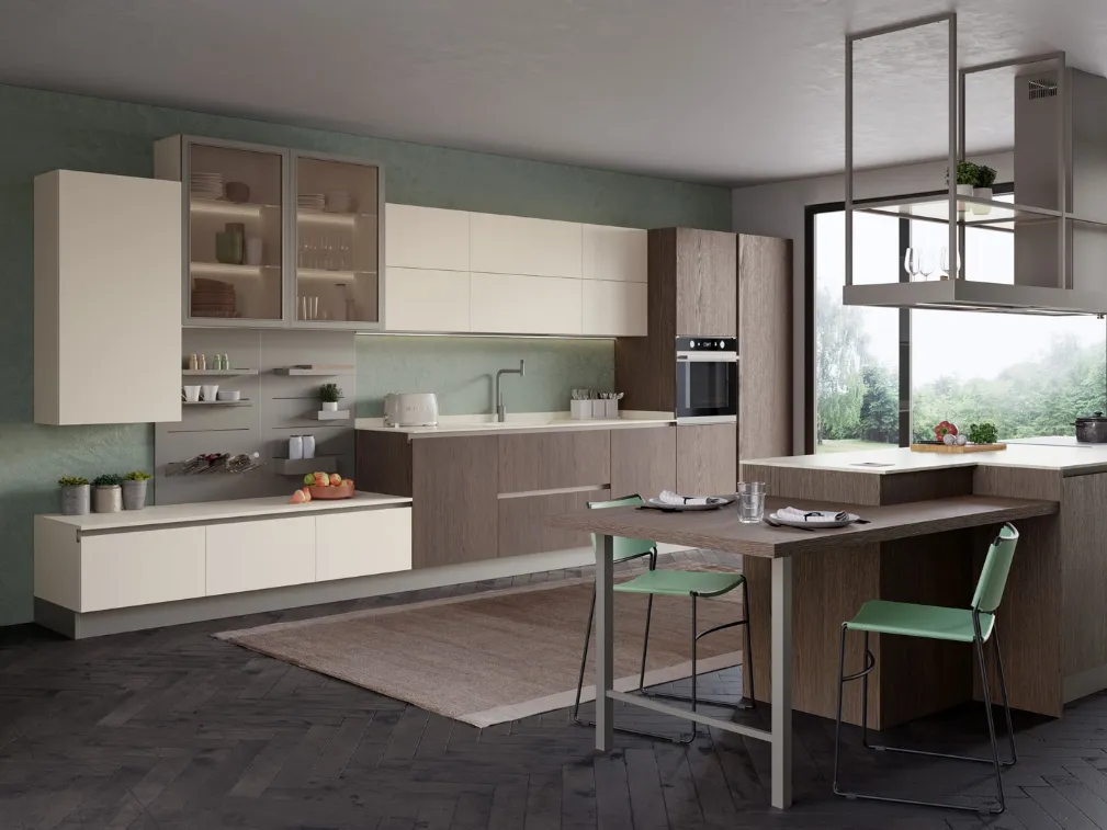 Cucina Moderna con isola Tablet Wood 06 in Rovere fumé e melaminico Porcellana di Creo