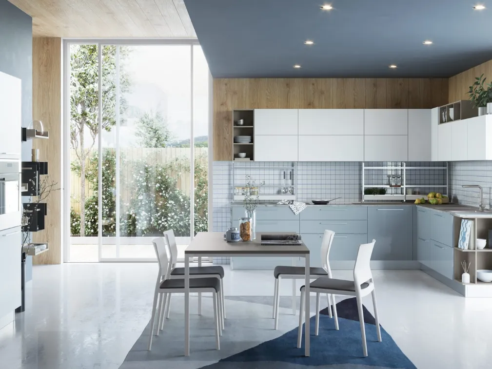 Cucina Moderna angolare Zoe in Laccato Lucido Cielo e Bianco di Creo