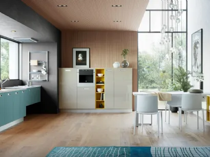 Cucina Moderna Zoe in laccato lucido Sasso e laccato opaco Verde Fiordo di Creo