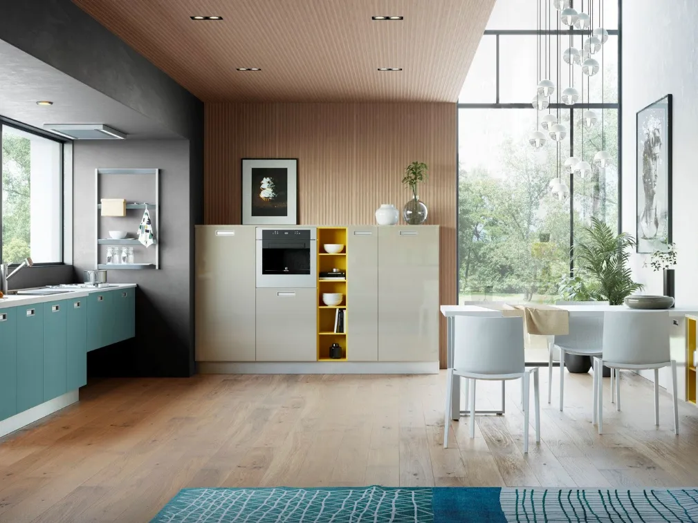 Cucina Moderna Zoe in laccato lucido Sasso e laccato opaco Verde Fiordo di Creo
