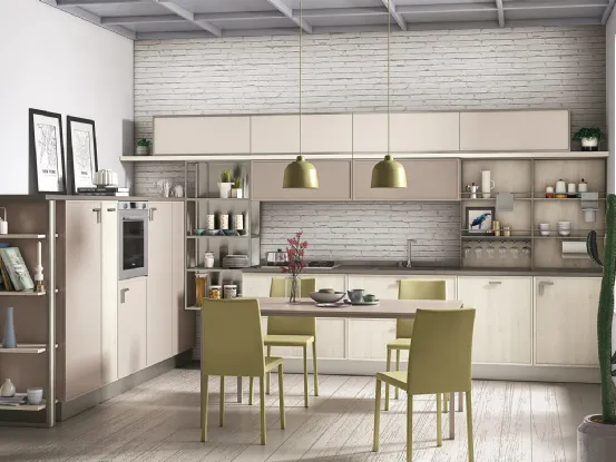 Cucina Moderna angolare Zoe 03 in laccato opaco Verde Fiordo e laccato lucido Sasso di Creo